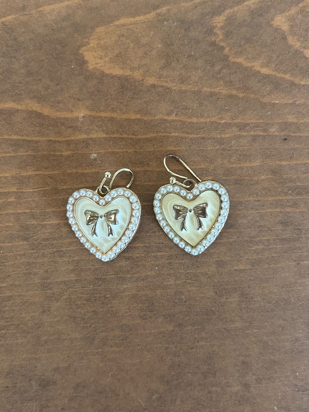 Gold Tone Heart & Bow Drop Earrings with Pearl Border